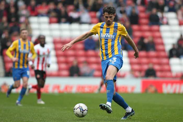 Tom Flanagan in action for Shrewsbury.